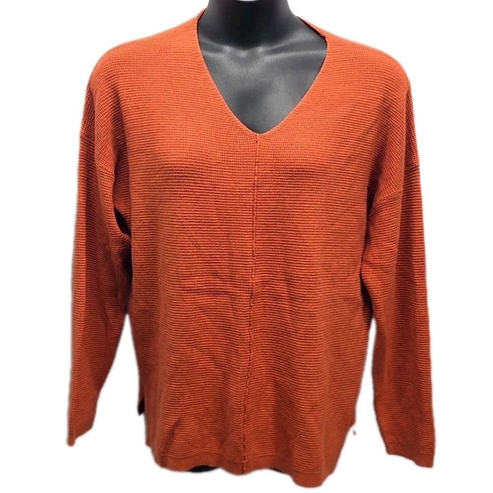 Betsey's Boutique Shop Rust Orange V Neck Waffle Knit Sweater Tunic sz XL